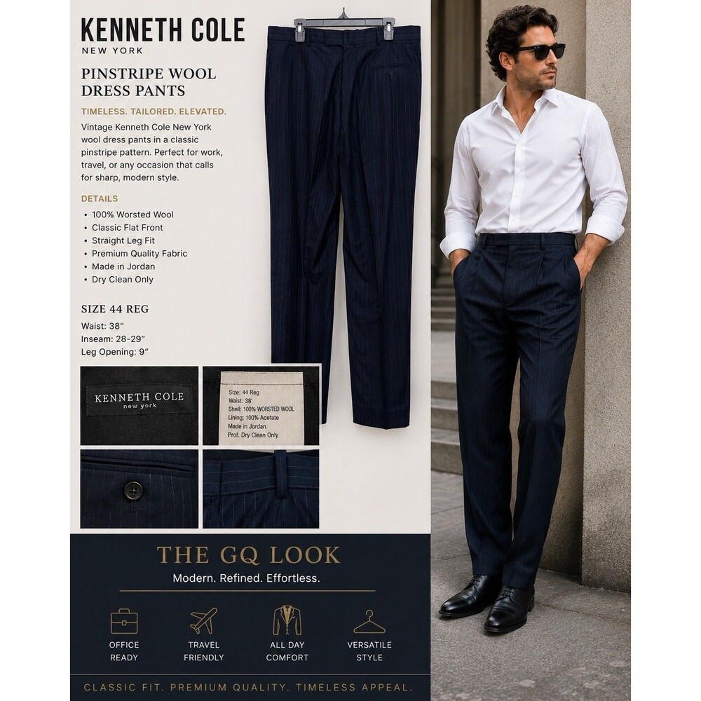 EUC VTG Kenneth Cole NY Navy Wool Pinstripe Dress Pants GQ Tailored Boss 38x29